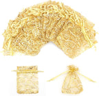 Staruby Organza Gift Bag 100Pcs Gold Sheer Organza Bag Mesh Favor Bags Drawstring Jewelry Rattan Printed Gift Pouches for Wedding Party Favors Couple Shower Christmas Gifts Candy Bags (3x4 Inches)