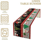 Christmas Table Runner,Cartoon Snowman Tree Xmas Deer Elk Santa Claus Print Tablecloth Burlap for Hotel Indoors Outdoor Dining Room Kitchen Home Decor,W13X L80 in