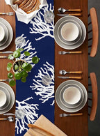 Coastal Coral Cotton Linen Table Runner for Dining Kitchen, Wedding Outdoor Party Tablerunners Decoration, Navy Blue Nautical Ocean Beach Dresser Scarf Coffee Tablecloth Runners 13x72 Inches