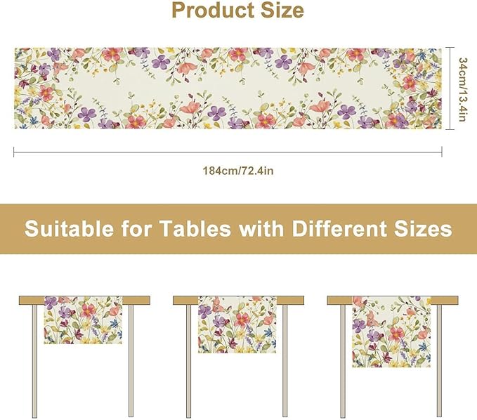 Floral Table Runner,Flowers Plant Print Spring Table Runner for Kitchen Dining Table Decoration for Home Party Decor 13x72 Inch