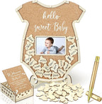 Wenqik 63 Pcs Bodysuit Baby Shower Guest Book Alternatives Set Baby Shower Decorations with Photo Frame Sonogram Frame Keepsake 60 Wood Slices Guest Book for Birthday
