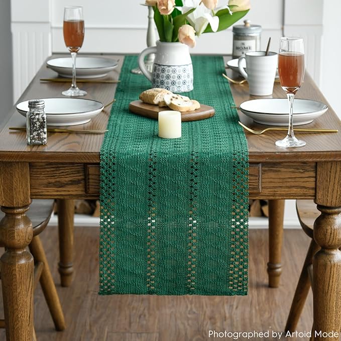 Artoid Mode Dark Green Farmhouse Woven Rustic Hollow Table Runner, Seasonal Holiday Hollow Kitchen Dining Table Decoration for Home Party Decor 12x90 Inch