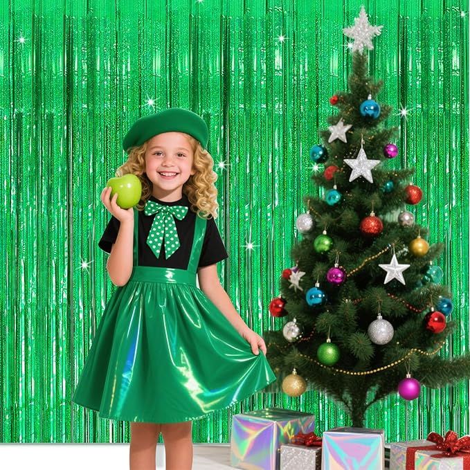 5 Pack Green Streamers Backdrop Metallic Foil Fringe Tinsel Curtains for Birthday Dinosaur Animal St Patrick's Day Football Christmas Jungle Theme Party Decorations