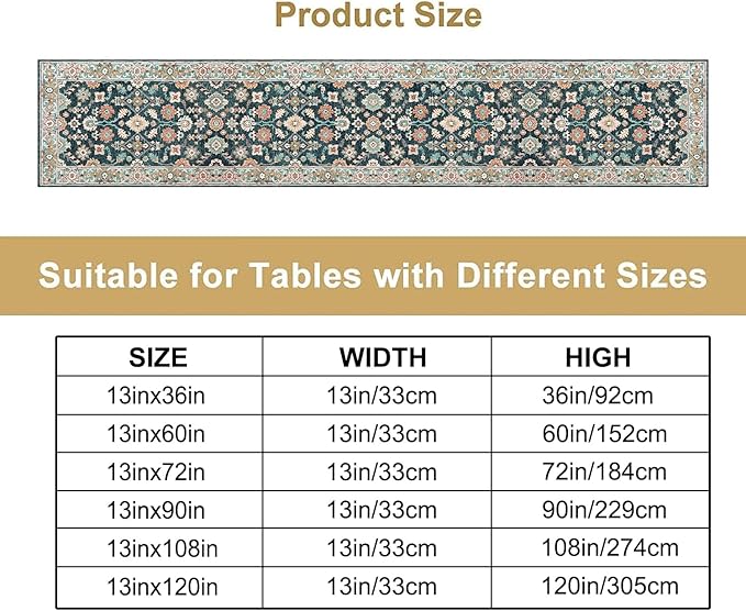 Vintage Boho Floral Table Runner, Rustic Country Farmhouse Blue Teal Red Bohemia Flower Pattern for Home Kitchen Table Decor Dining Coffee Room Party Decor 13x108in