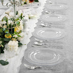 Liacere 150PCS Clear Silver Plastic Plates & Disposable Silver Plastic Silverware with Glitter Bamboo Handle Cutlery-Baroque Clear Disposable Plates for Wedding & Easter day & Mother's Day