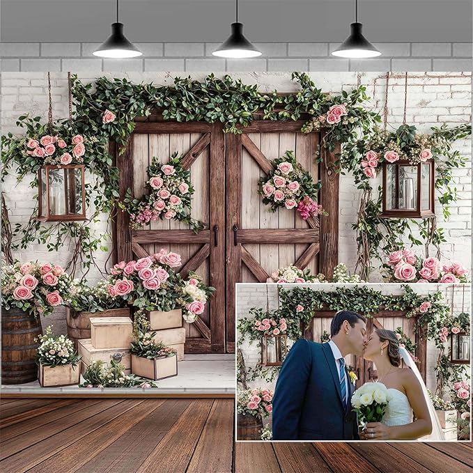 10x8ft Country Wedding Photography Backdrop Floral Rustic Roses Farmhouse Wooden Door Backdrop Pink Flower Birthday Baby Shower Wedding Bridal Party Banner Photo Booth Props Anniversary Background