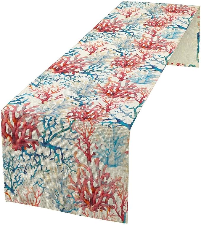 Blue Beach Table Runner, Tropical Ocean Coast Table Runner, Seashell Seasonal Nautical Restaurant Coffee Table Decorations for Home Holiday Party Indoor Outdoor 13x90 Inch