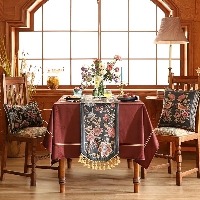 patdrea Designer Vintage Black Floral Velvet Table Runner 71 Inch Long, Pink Khaki Bouquets Pattern Table Mat, Decoration for Kitchen Dining Coffee Table Cabinet Banquet Thanksgiving,12"*71"