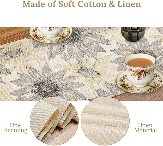 Chrysanthemum Vintage Floral Table Runner, Elegant Grunge Green Sunflower Spring Summer Elegant Pattern Artichokes Flower Table Runner for Party Kitchen Dining Living Room Decor, 13x60 Inch