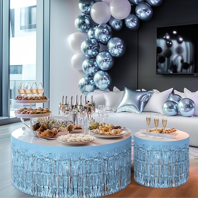 2 Pack Light Blue Table Skirts, 29x108" Metallic Foil Tinsel Fringe Table Skirts for Rectangle Tables Streamer Curtains Backdrop, Party Decorations for Birthdays Weddings Holidays