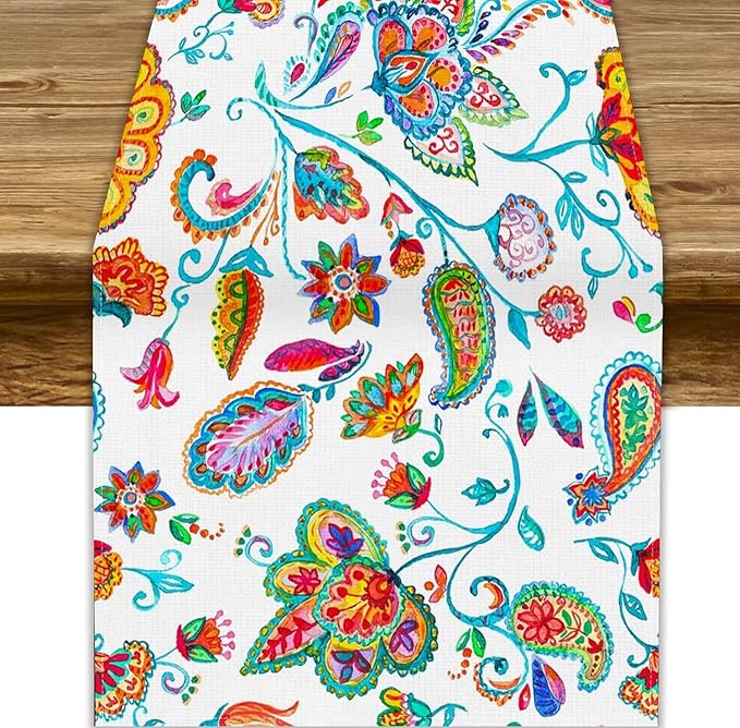 Paisley Table Runner, Watercolor Floral Oriental Indian Traditional Tulips Leaves Bohemian Paisley Print Table Runner for Kitchen Dining Tables Party Decor, 13x108inch