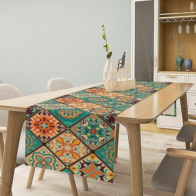 Boho Floral Table Runner,Vintage Bohemian Style Table Runner for Kitchen Dining Table Home Party Decoration 13x108 Inch