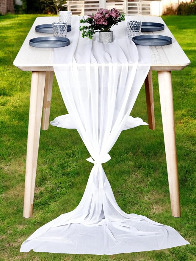 MDS 2 Pack 14ft Chiffon Table Runner 29 x 170 Inches Sheer Wedding Runner Romantic Rustic Table Runner for Wedding Decorations, Birthday Parties, Bridal Shower Party Arch Decor - White