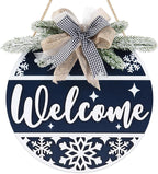 CHDITB Blue Welcome Winter Front Door Sign Wreath(11.4”), Wooden 3D Welcome Home Decoration Wall Hanging with Plaid Bow Snowflake, Farmhouse Christmas New Year Decor for Home Office
