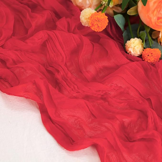 Snowkingdom 6 PCS Red Cheesecloth Table Runner 10 Ft, 120 inch Long Cheese Cloth Gauze Runners for Christmas Valentine Wedding Bridal Baby Shower Birthday Holiday Party Table Decorations