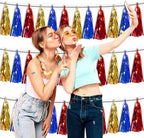 3P Gold Blue Red Foil Fringe Tassel Banner Metallic Tinsel Streamer Garland Wall Curtain Backdrop for Parade Floats, Graduation, Halloween, Christmas, Baby Bridal Shower Party Decorations