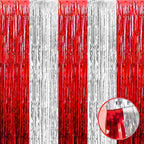 4 Pack Silver Red Foil Fringe Curtain Backdrop, 3.28Ft x 8.2Ft Metallic Tinsel Foil Fringe Streamers Curtains for Photo Booth, Wedding, Circus Welcome Carnival Birthday Party Decoration