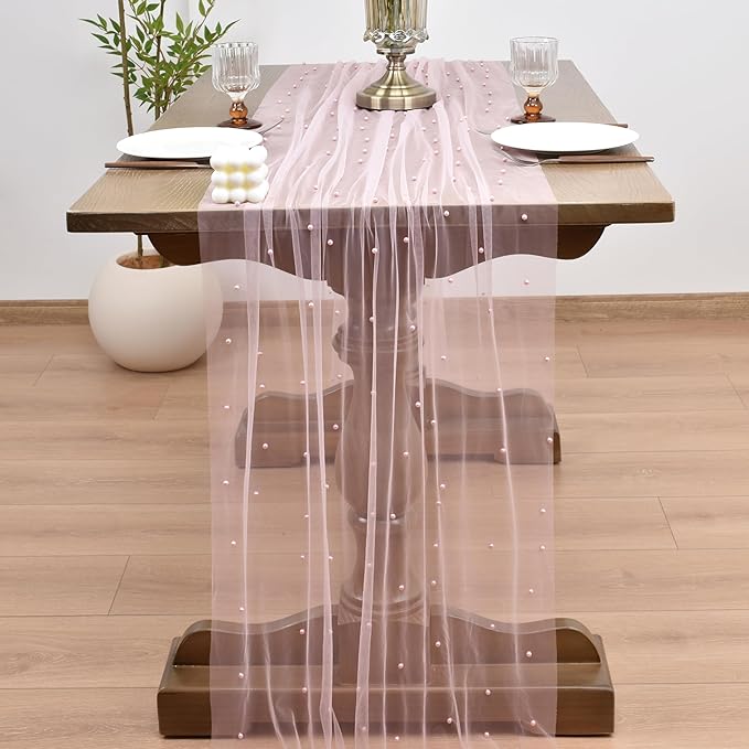 Joanlody Fall Pearl Table Runner 10ft Rustic Boho Tulle Table Runner with Pearls for Baby Shower Wedding Party Veil Dessert Thanksgiving Table Decor Pink 4pcs