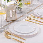 U-QE 60 Pcs White Plastic Plates with Gold Trim – Scalloped Plastic Plates Heavy Duty - Include 30 10.25" Dinner & 30 7.25" Dessert Plate – Perfect for Weddings, Bridal Showers and Party