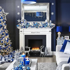 5 ft Christmas Garland for Mantle Unlit Garland for Stairs Railing, Banister, Staircase, Fireplace, for Table No Light, Garland Decor Frosted Red Poinsettia Holiday Tree (Lux Blue Silver)