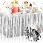3 Pack 29 x108 Inch Silver Foil Fringe Table Skirts Metallic Banner for Tinsel Streamer Garland Backdrop for Parade Floats Mother's Day, Graduate, Birthday, Wedding Party Decoration