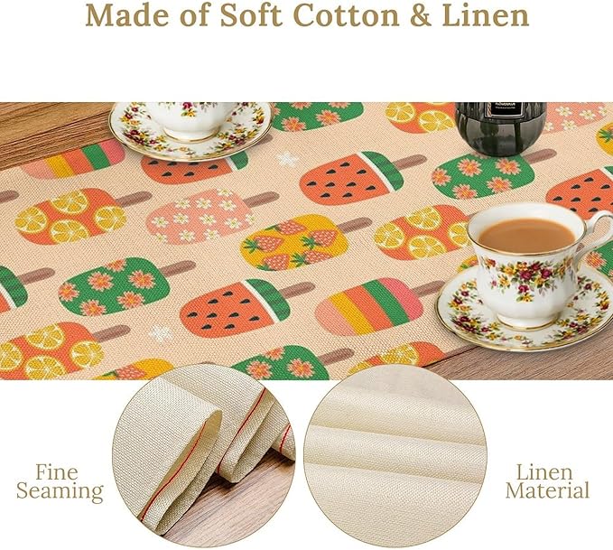 Summer Popsicles Table Runner, Colorful Cute Ice Cream Childish Seasonal Dinner Runner for Party Holiday Home Kitchen Dining Table Decor 13"x108"