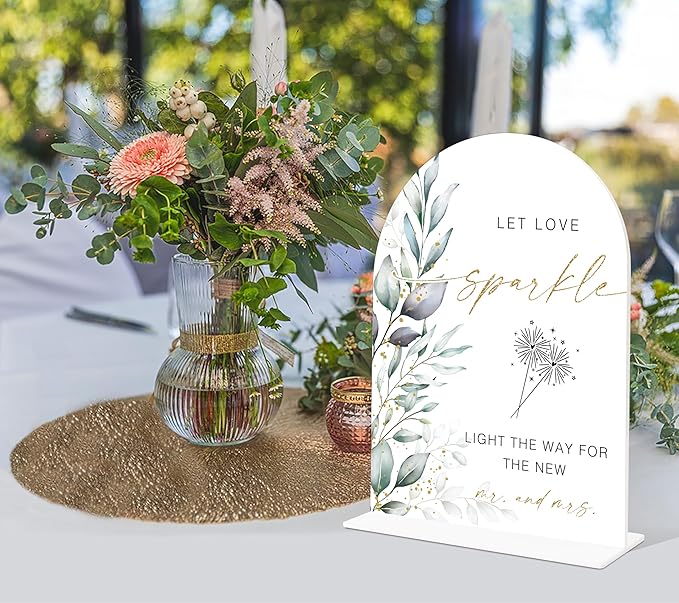Acrylic Wedding Signs, Greenery Theme Let Love Sparkle Sign, Wedding Reception Signage, Bridal Shower Table Decor with Stand, Engagement, Anniversary, Newlywed Events and Parties Supplies, 20
