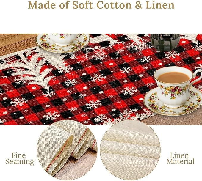 Christmas Table Runner,Red Black Plaid Xmas Snowflakes Deer Trees Print Tablecloth Burlap for Hotel Indoors Outdoor Dining Room Kitchen Home Decor,W13X L108 in