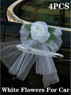 Elegant White Rose Wedding Car Door Handle Decoration – 12cm Artificial Flower with Leaf, White Tulle Bow & Suction Cup Attachment – Set of 4 for Bridal Vehicle Décor
