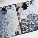 50pcs 250GSM Tri-Fold Wedding Invitations with Envelopes and RSVP Cards Laser Cut Hollow Wedding Invitation Kit for Wedding Engagement Bridal Shower Party Invite 5X7 Inch Navy Blue