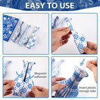 3 Pcs Blue and White Paper Honeycomb Vase, Foldable Decorative Vase with Magnetic Closure, Chinoiserie Décor Vase, Reusable Table Centerpiece for Wedding, Baby Shower, Home Decor