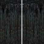 2 Pack Laser Black Tinsel Foil Fringe Curtains, Black Party Decorations, Metallic Tinsel Party Streamers Backdrop for Birthday Halloween Masquerade New Years Gatsby 1920s Party Decorations