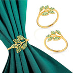 Gold Napkin Rings Set of 10,Napkin Rings Holder Buckles,Thanksgiving Christmas Napkin Ring Alloy Leaf Diamonds Napkin Ring for Dining Table Decor Wedding,Dinner Party Decorations Green Diamonds 10pcs