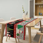 Christmas Table Runner,Cartoon Snowman Tree Xmas Deer Elk Santa Claus Print Tablecloth Burlap for Hotel Indoors Outdoor Dining Room Kitchen Home Decor,W13X L90 in