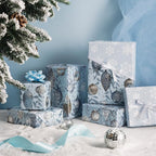 LeZakaa Christmas Silver Wrapping Paper Mini Roll, Silver Blue Christmas Ornaments, White Blue Snowflakes Metallic Foil, Reversible Design for Winter Holiday Family Gathering, 17 inches x 32.8 Feet