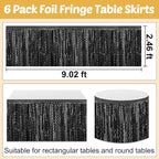 6 Pack 29x108 Inch Black Wave Foil Fringe Table Skirts Metallic Banner for Tinsel Streamer Garland Backdrop for Parade Floats Wedding, Mother's Day, Birthday Mardi Gras Party Decorations