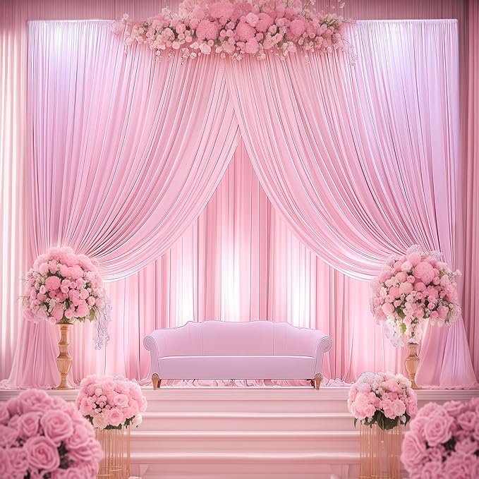 60ftx12ft Wrinkle Free Pink Backdrop Curtain, 12 Panels 12FT Height Pink Wedding Backdrop Drapes, Silky Polyester Back Drop Cloth for Birthday Photography Background Party Backdrop Draping