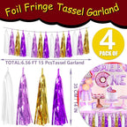 4P Purple-Gold Foil Fringe Tassel Banner Garland Metallic Tinsel Streamers Wall Hanging Curtain Backdrop Banners for Parade Floats, 2024 Graduation Decorations, Wedding Party Decoration