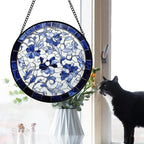 Stained Glass Window Hanging, Blue and White Abstract Flowers Sun Catcher for Door Home Decor Suncatcher Christmas Mother's Day Birthday Gifts for Women Men Mom and Nana 6.3 in