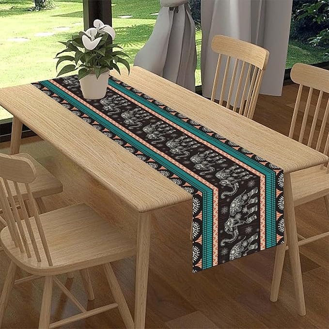 Boho Elephant Table Runner, Vintage Tribal Traditional Bohemian African Animals Ethnic Folk Table Center Decor for Home Kitchen Dining Patio Holiday Party Indoor Table Decorations, 13"x36" Inch