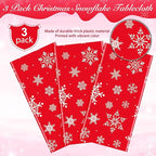 Jectivs 3 Pieces Christmas Snowflake Plastic Party Tablecloth Decorations,White Snowflake Red Xmas Backdrop Sign Table Cover Banner for Winter Christmas Holiday Party Supplies,54x108 inch (Red)