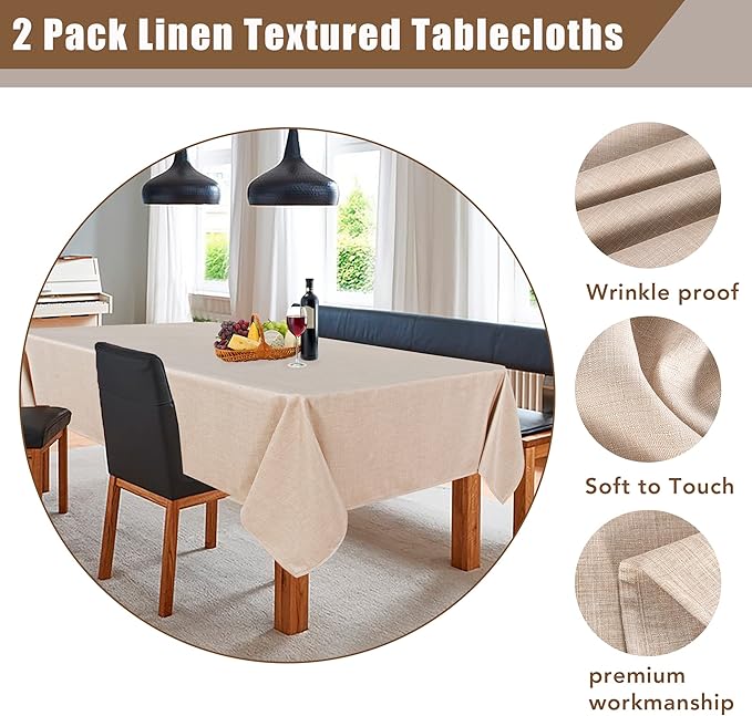 Fitable Faux Linen Beige Table Clothes Rectangle 60 x 144 Inch - 2 Pack Neutral Tablecloths for 10 Foot Tables, Faux Burlap Kitchen Table Covers for Dining, Party, Farmhouse, Banquet, Buffet