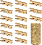 Mini Wooden Clothespins With Jute Twine, 100pcs, 1.4 Inch Photo Paper Peg Pin Craft Clips With 320ft Twine for Scrapbooking, Arts & Crafts, Hanging Photos (Natural Color)