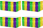 4 Pack 29x108 Inch Mardi Gras Metallic Foil Fringe Tinsel Table Skirts for Rectangle Tables Streamer Backdrop for Wedding, Birthday, Parade Floats, Valentine's Day Party Decoration(Gold Green Purple)