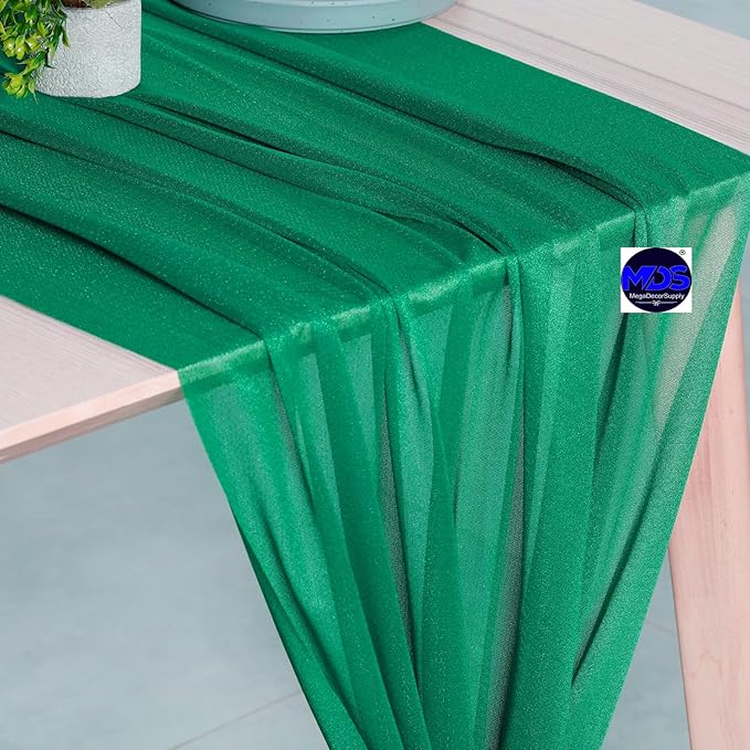 MDS 10 Pack 10ft Chiffon Table Runner 29 x 120 Inches Sheer Wedding Runner Romantic Rustic Table Runner for Wedding Decorations, Birthday Parties, Bridal Shower Party Arch Decor - Emerald Green