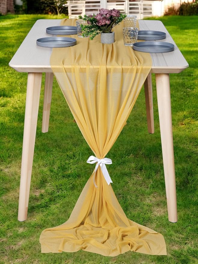 MDS 15 Pack 10ft Chiffon Table Runner 29 x 120 Inches Sheer Wedding Runner Romantic Rustic Table Runner for Wedding Decorations, Birthday Parties, Bridal Shower Party Arch Decor - Gold