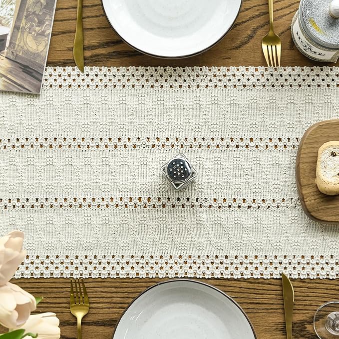 Artoid Mode Beige Farmhouse Woven Rustic Hollow Table Runner, Seasonal Holiday Hollow Kitchen Dining Table Decoration for Home Party Decor 12x48 Inch