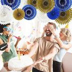 BEISHIDA Blue Gold White Hanging Honeycomb Round Paper Fans Decoration Set for New Year Baby Shower Birthday Wedding Bachelorette Photo Booth Backdrops Anniversary Paper Party Supplies（11packs）