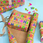 Yarcony Kraft Birthday Wrapping Paper Mini Roll, Gift Wrapping Paper, Heavyweight Brown Colorful Text Happy Birthday Gift Wrap Thick Paper for Present Packaging, Hioliday, All Age (17 Inch X 33 Feet)