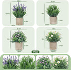 4 Pack Small Fake Plants, Artificial Eucalyptus Leaves with Flowers, Lavender & Daisy with Gray Paper Pulp Pots, Small Faux Potted Plant with Flowers for Home Decor, Indoor&Outdoor Decoration